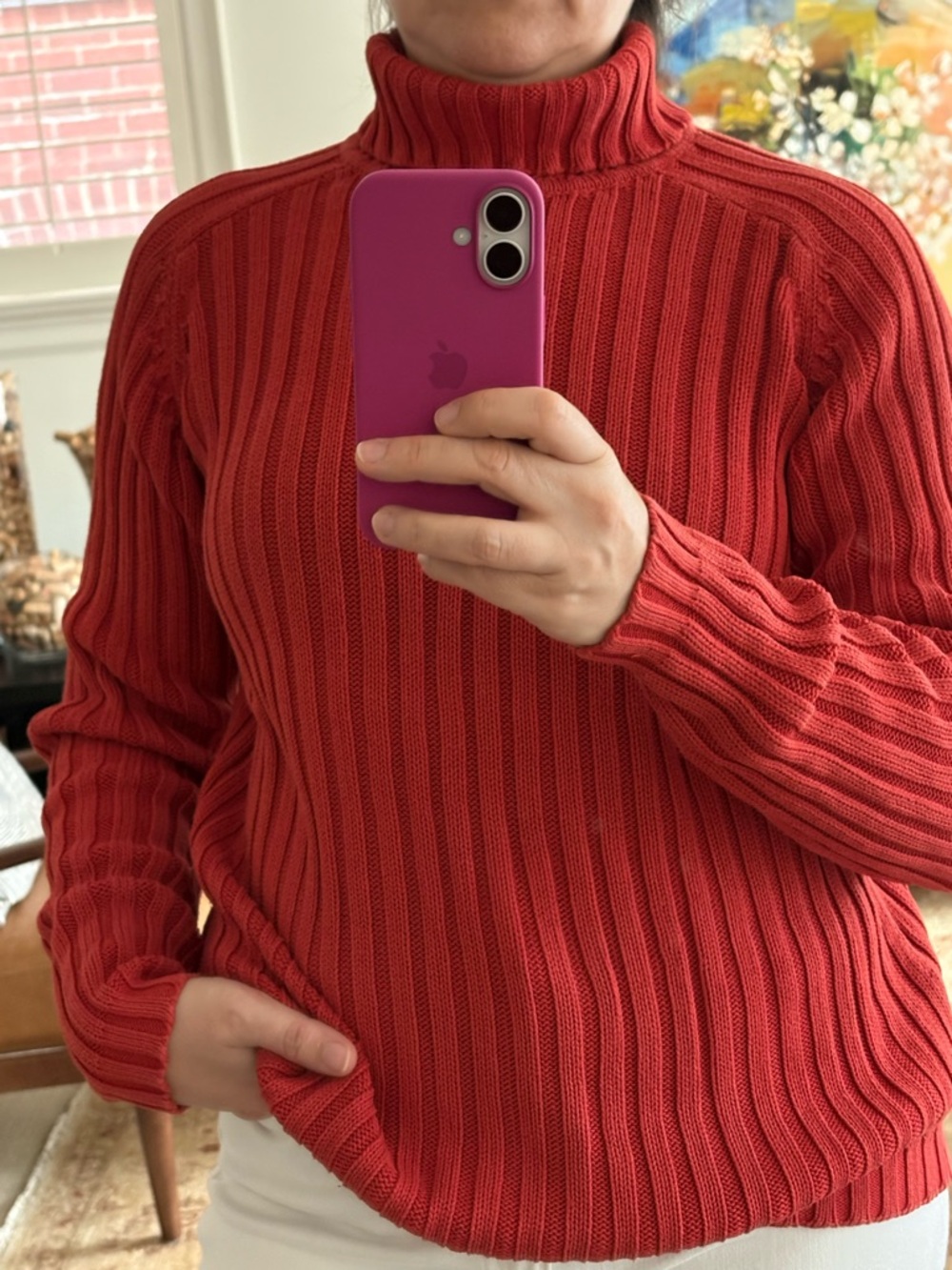 Mexx Ribbed Cowl-Neck Sweateri in Deep Coral Red 100% Cotton